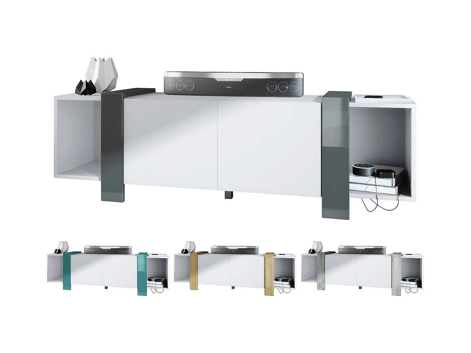 Lowboard Ida 149 x 45,5 x 34 cm Buffet TV avec 4 compartiments et portes PTO, caisson en blanc mat, façades en Blanc brillant | Grand choix de couleurs