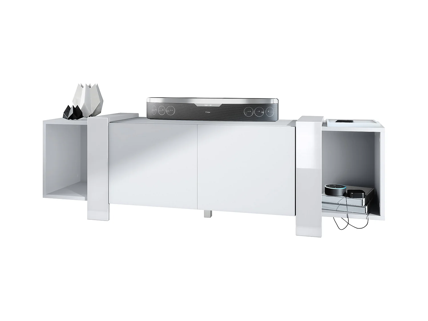 Lowboard Ida 149 x 45,5 x 34 cm Buffet TV avec 4 compartiments et portes PTO, caisson en blanc mat, façades en Blanc brillant | Grand choix de couleurs