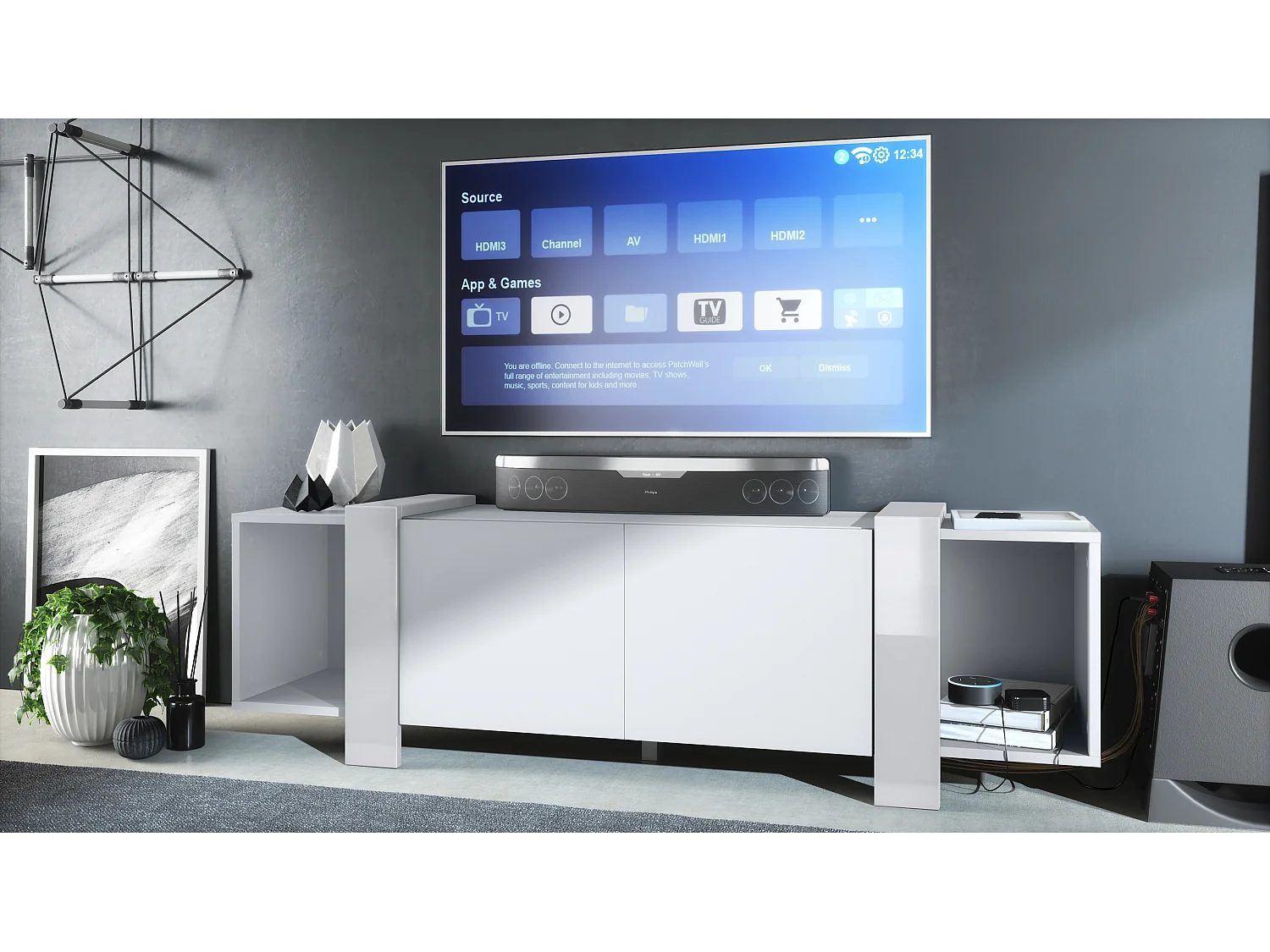 Lowboard Ida 149 x 45,5 x 34 cm Buffet TV avec 4 compartiments et portes PTO, caisson en blanc mat, façades en Blanc brillant | Grand choix de couleurs