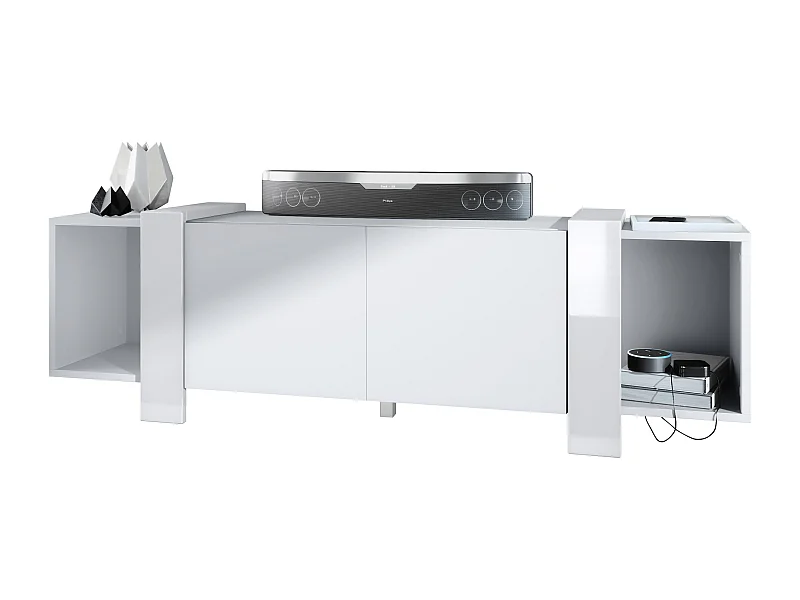 Lowboard Ida 149 x 45,5 x 34 cm Buffet TV avec 4 compartiments et portes PTO, caisson en blanc mat, façades en Blanc brillant | Grand choix de couleurs