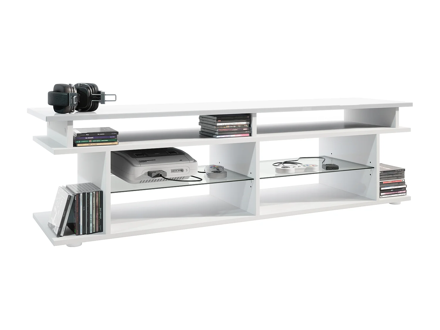 TV Board Movie V3 Game On 138,5 x 39 x 37,5 cm , caisson en blanc mat, élément supérieur en blanc haute brillance