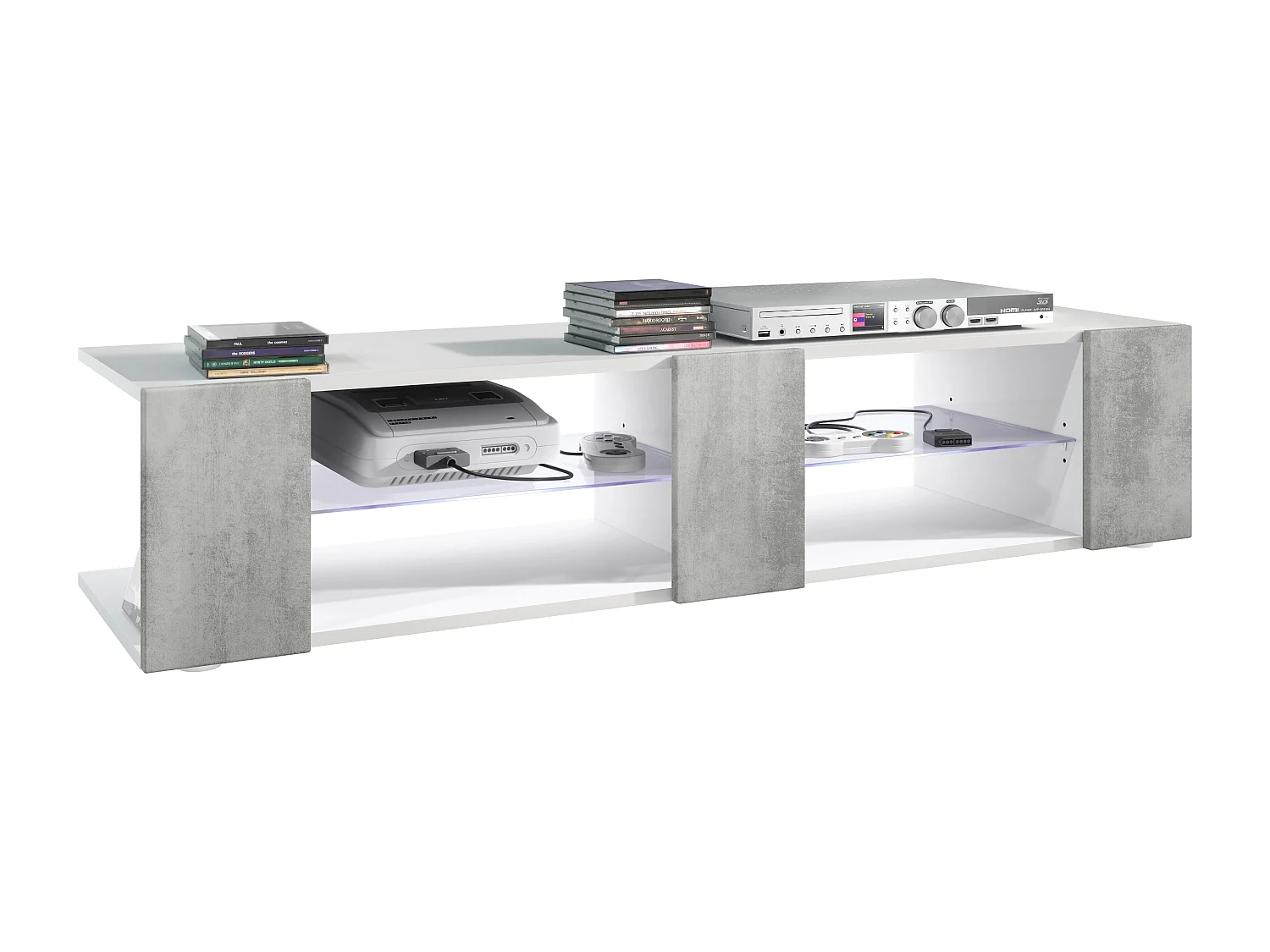 Buffet bas Movie V2, Meuble TV avec 6 compartiments ouverts et placages décoratifs, Blanc mat/Aspect Béton Oxyde, éclairage LED blanc inclus (134x29x39 cm)