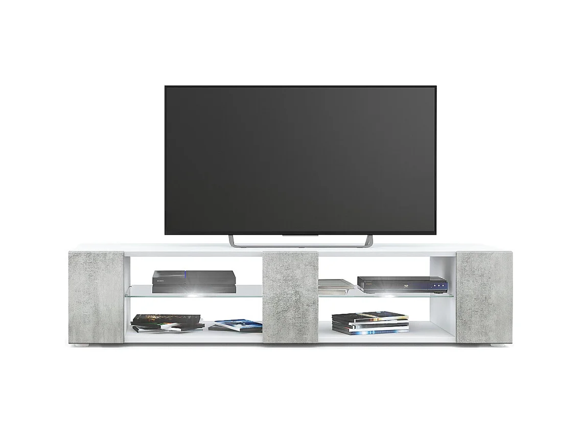 Buffet bas Movie V2, Meuble TV avec 6 compartiments ouverts et placages décoratifs, Blanc mat/Aspect Béton Oxyde, éclairage LED blanc inclus (134x29x39 cm)