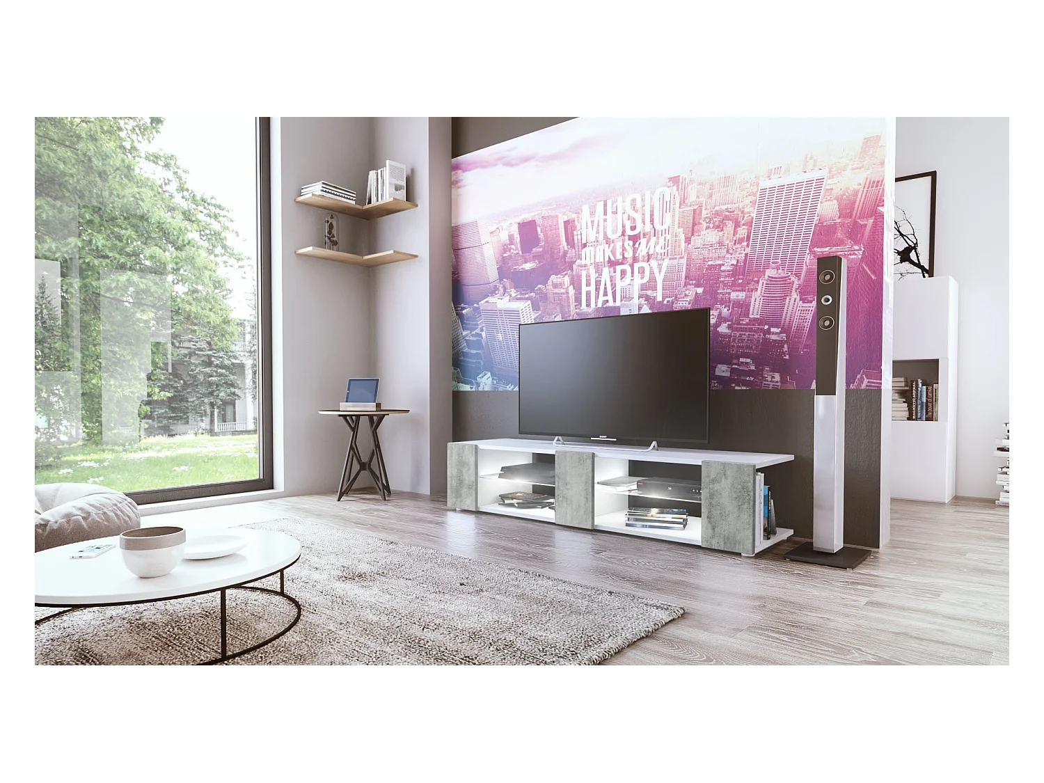 Buffet bas Movie V2, Meuble TV avec 6 compartiments ouverts et placages décoratifs, Blanc mat/Aspect Béton Oxyde, éclairage LED blanc inclus (134x29x39 cm)