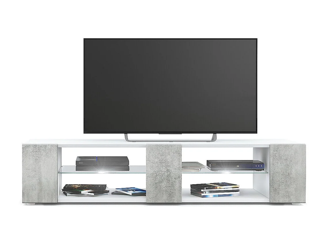 Buffet bas Movie V2, Meuble TV avec 6 compartiments ouverts et placages décoratifs, Blanc mat/Aspect Béton Oxyde, éclairage LED blanc inclus (134x29x39 cm)