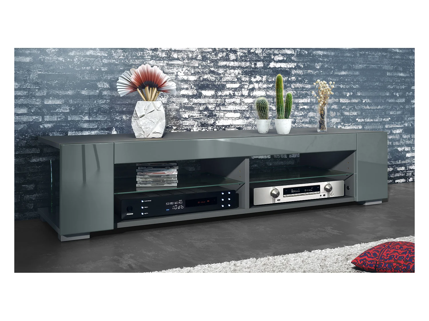 Meuble TV Movie, meuble TV avec 4 compartiments ouverts et moulures décoratives, anthracite mat/ (134,5 x 30,5 x 38,5 cm)