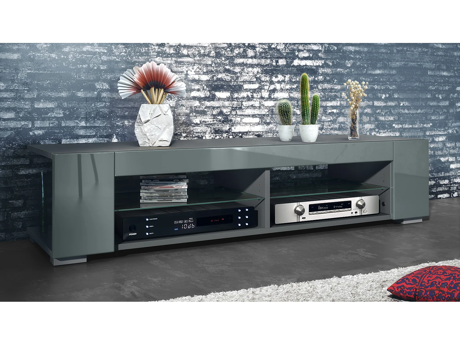 Meuble TV Movie, meuble TV avec 4 compartiments ouverts et moulures décoratives, anthracite mat/ (134,5 x 30,5 x 38,5 cm)