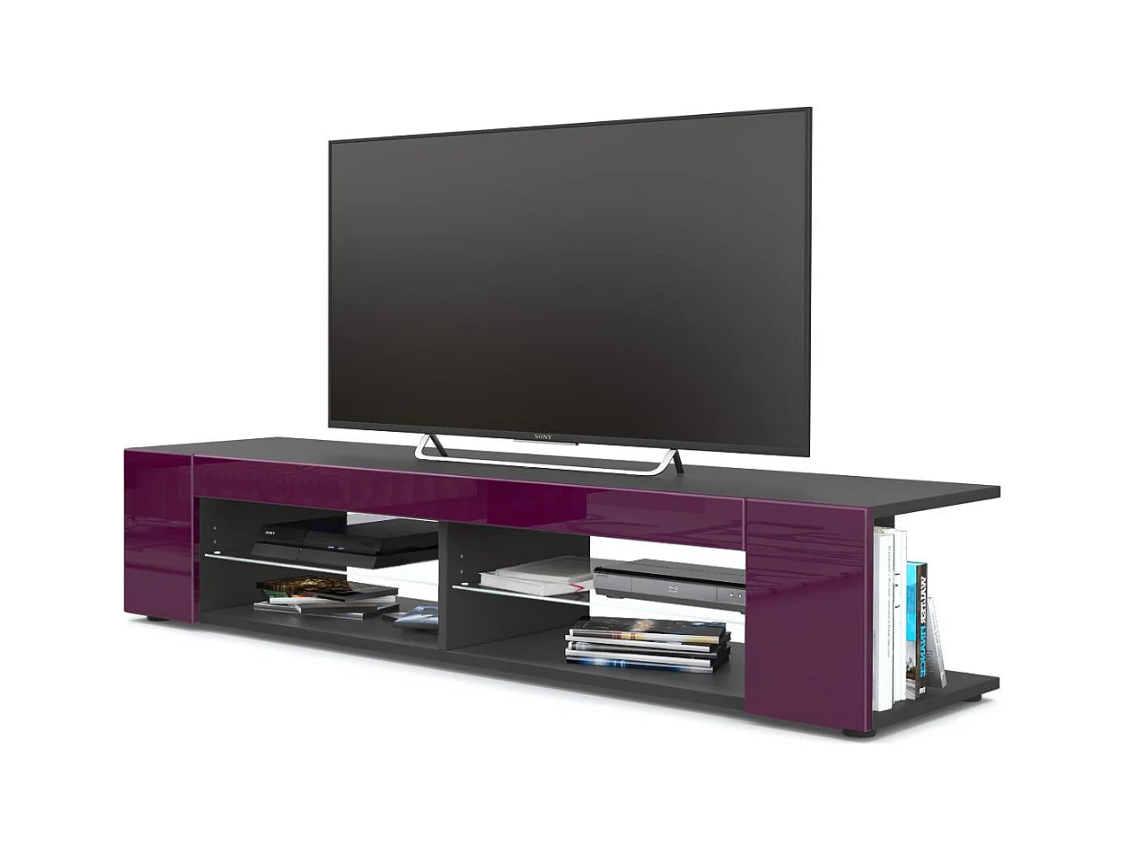 Buffet bas Movie, Meuble TV avec 4 compartiments ouverts et placages décoratifs, Noir mat/Mûre haute brillance (134 x 29 x 39 cm)