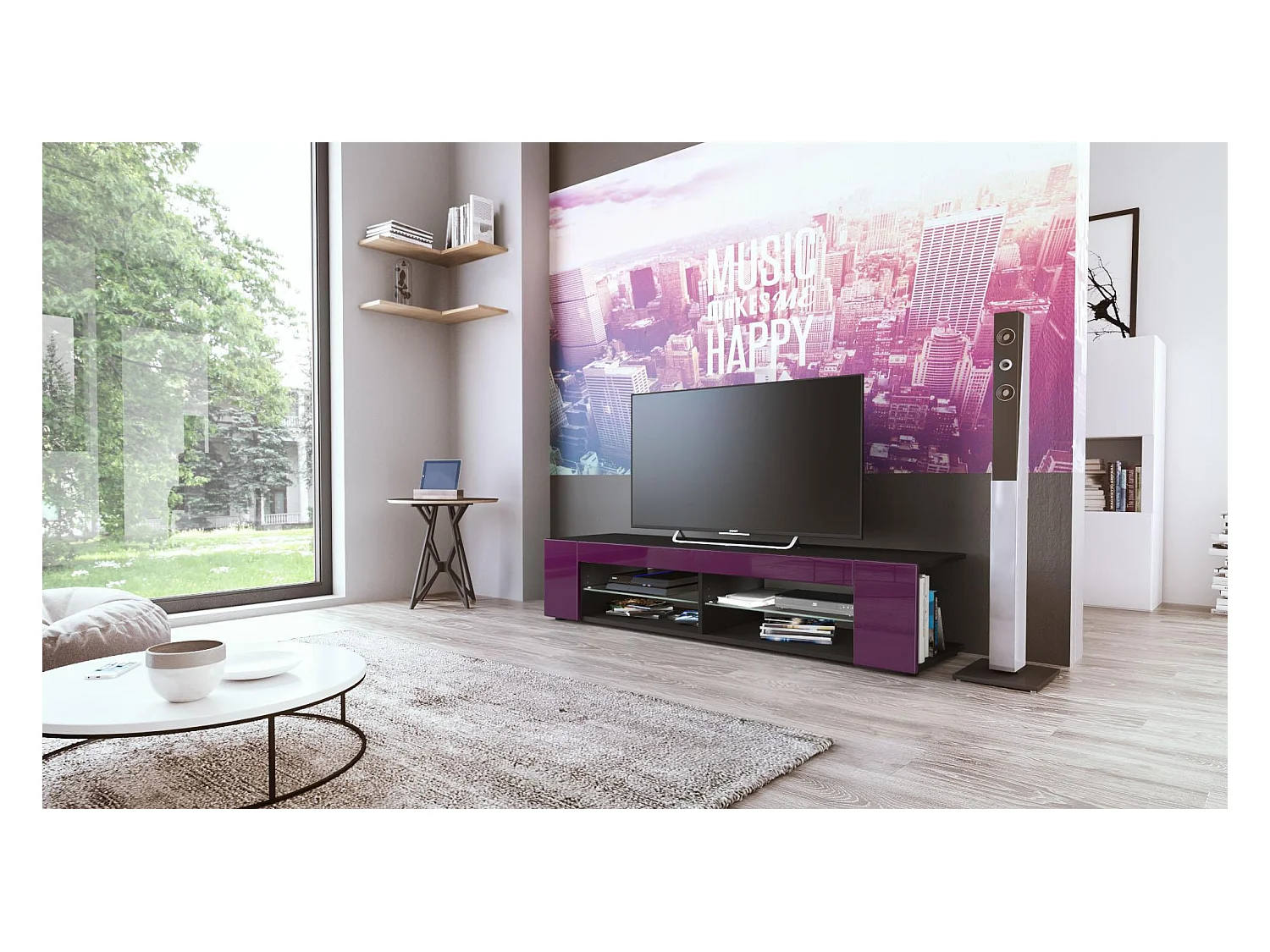 Buffet bas Movie, Meuble TV avec 4 compartiments ouverts et placages décoratifs, Noir mat/Mûre haute brillance (134 x 29 x 39 cm)