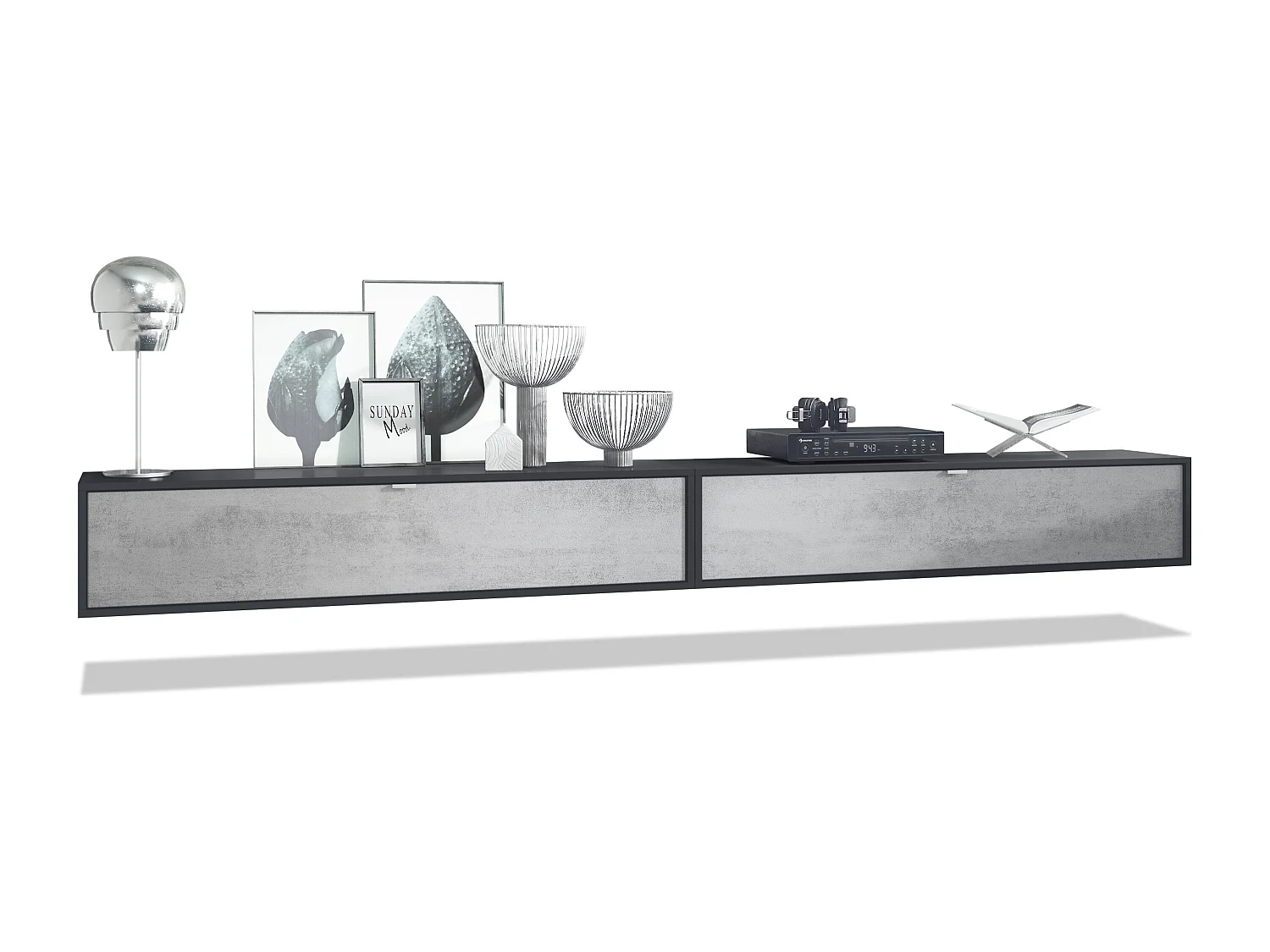 Ensemble de 2 set meuble TV Lana 140, lowboards de 140x29x37 cm chacun avec beaucoup d'espace de rangement, caisson en Noir mat, façades en Aspect Béton Oxyde