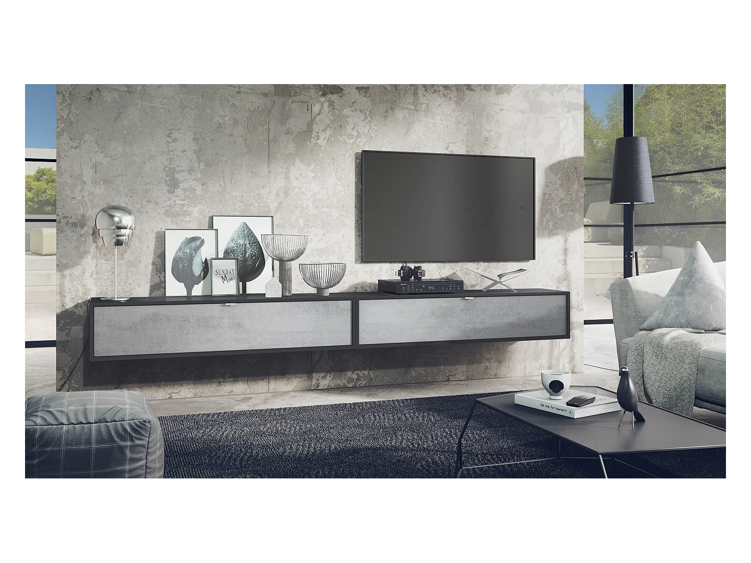 Ensemble de 2 set meuble TV Lana 140, lowboards de 140x29x37 cm chacun avec beaucoup d'espace de rangement, caisson en Noir mat, façades en Aspect Béton Oxyde
