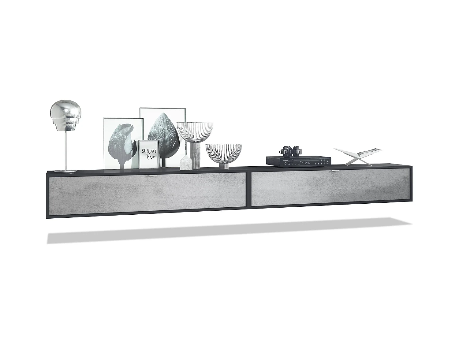 Ensemble de 2 set meuble TV Lana 140, lowboards de 140x29x37 cm chacun avec beaucoup d'espace de rangement, caisson en Noir mat, façades en Aspect Béton Oxyde