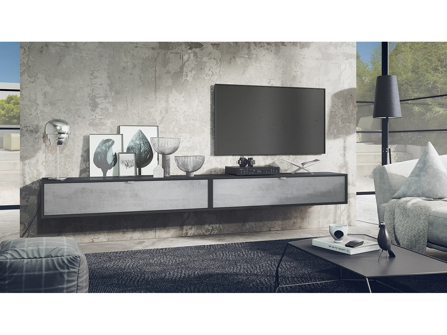 Ensemble de 2 set meuble TV Lana 140, lowboards de 140x29x37 cm chacun avec beaucoup d'espace de rangement, caisson en Noir mat, façades en Aspect Béton Oxyde