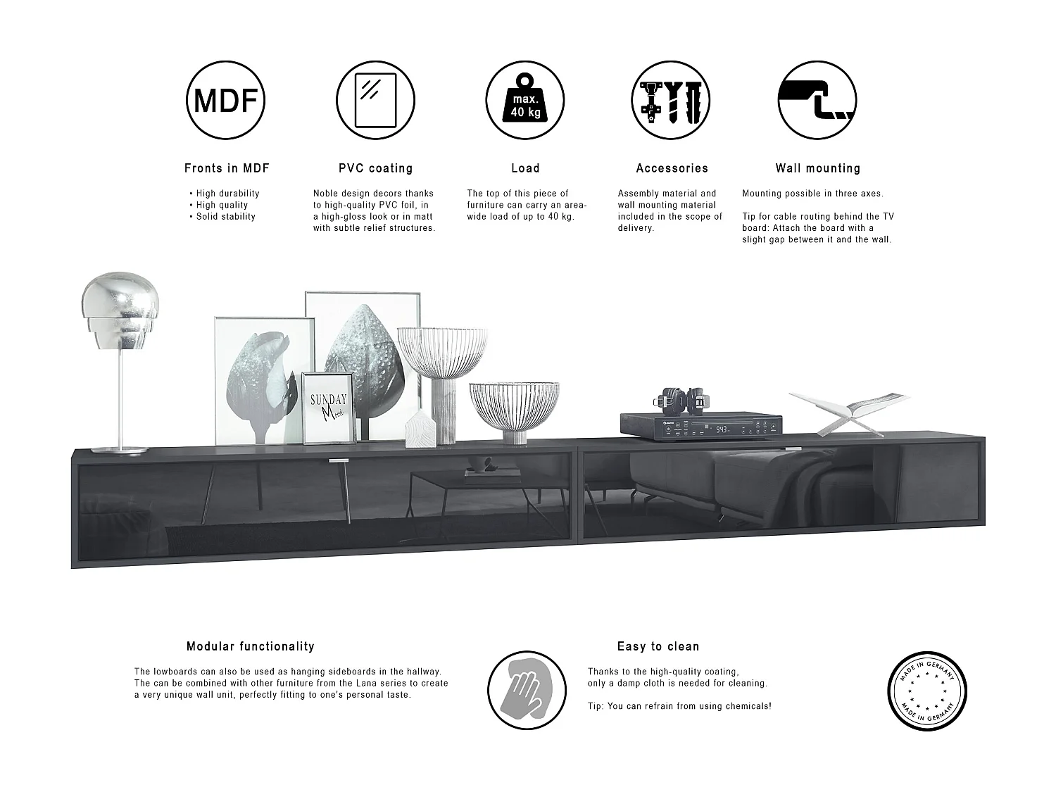 Ensemble de 2 set meuble TV Lana 140, lowboards de 140x29x37 cm chacun avec beaucoup d'espace de rangement, caisson en Noir mat, façades en Aspect Béton Oxyde