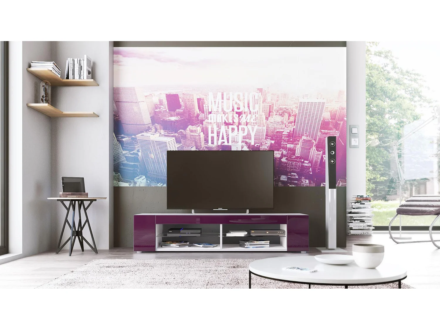 Buffet bas Movie, Meuble TV avec 4 compartiments ouverts et placages décoratifs, Blanc mat/Mûre haute brillance (134 x 29 x 39 cm)