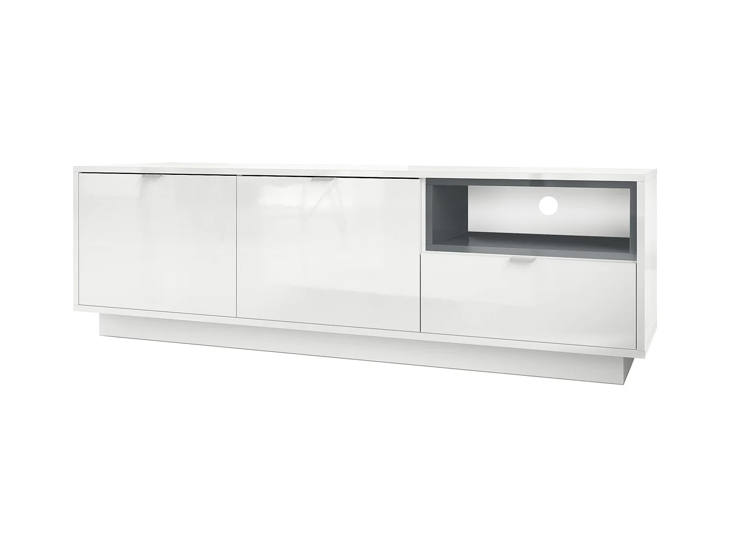 Meuble TV Armoire Metro, Corps en Blanc haute brillance / Façades en Blanc haute brillance avec une insertion en Gris haute brillance