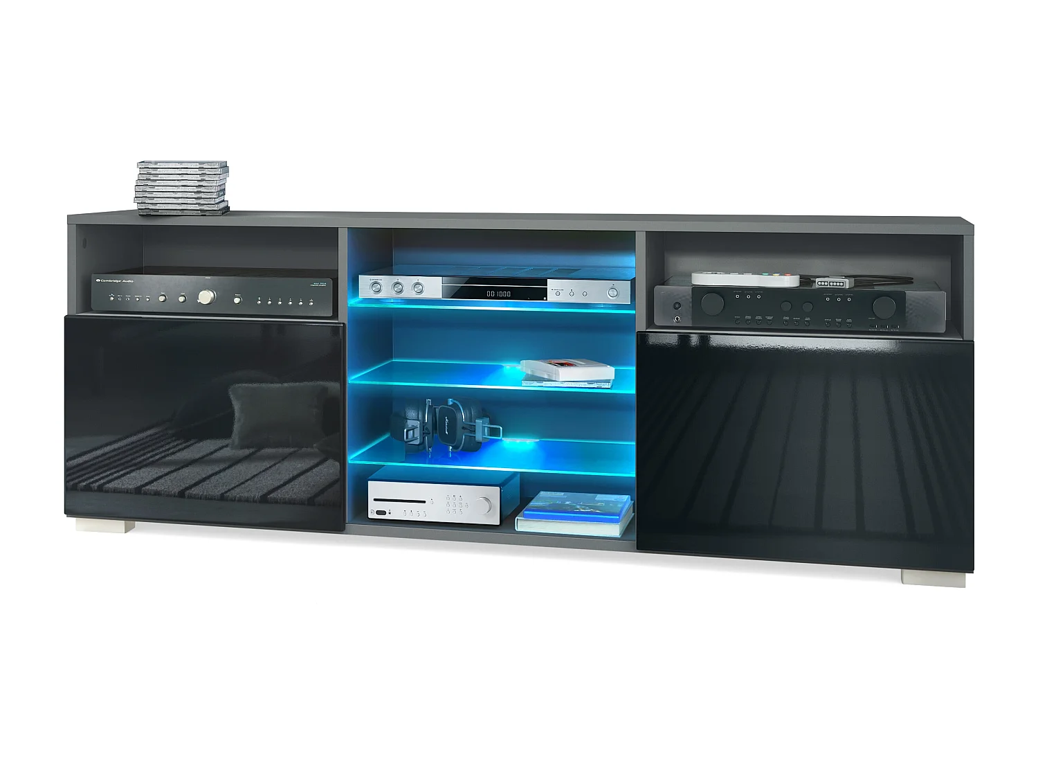 Meuble TV Granada, Lowboard avec 2 portes et 6 compartiments ouverts, corps anthracite mat, façades en noir brillant avec éclairage LED RVB  (146 x 54 x 35 cm)