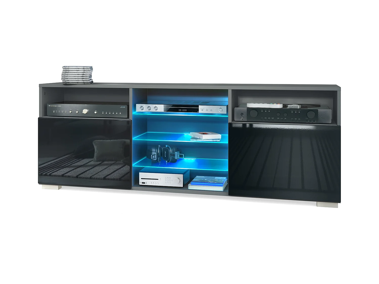 Meuble TV Granada, Lowboard avec 2 portes et 6 compartiments ouverts, corps anthracite mat, façades en noir brillant avec éclairage LED RVB  (146 x 54 x 35 cm)