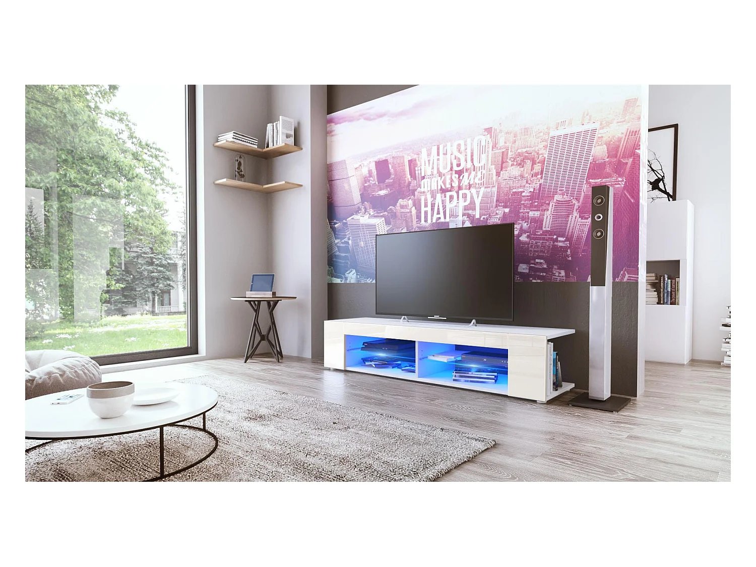Buffet bas Movie, Meuble TV avec 4 compartiments ouverts et placages décoratifs, Blanc mat/Crème brillant, éclairage LED bleu inclus (134 x 29 x 39 cm)