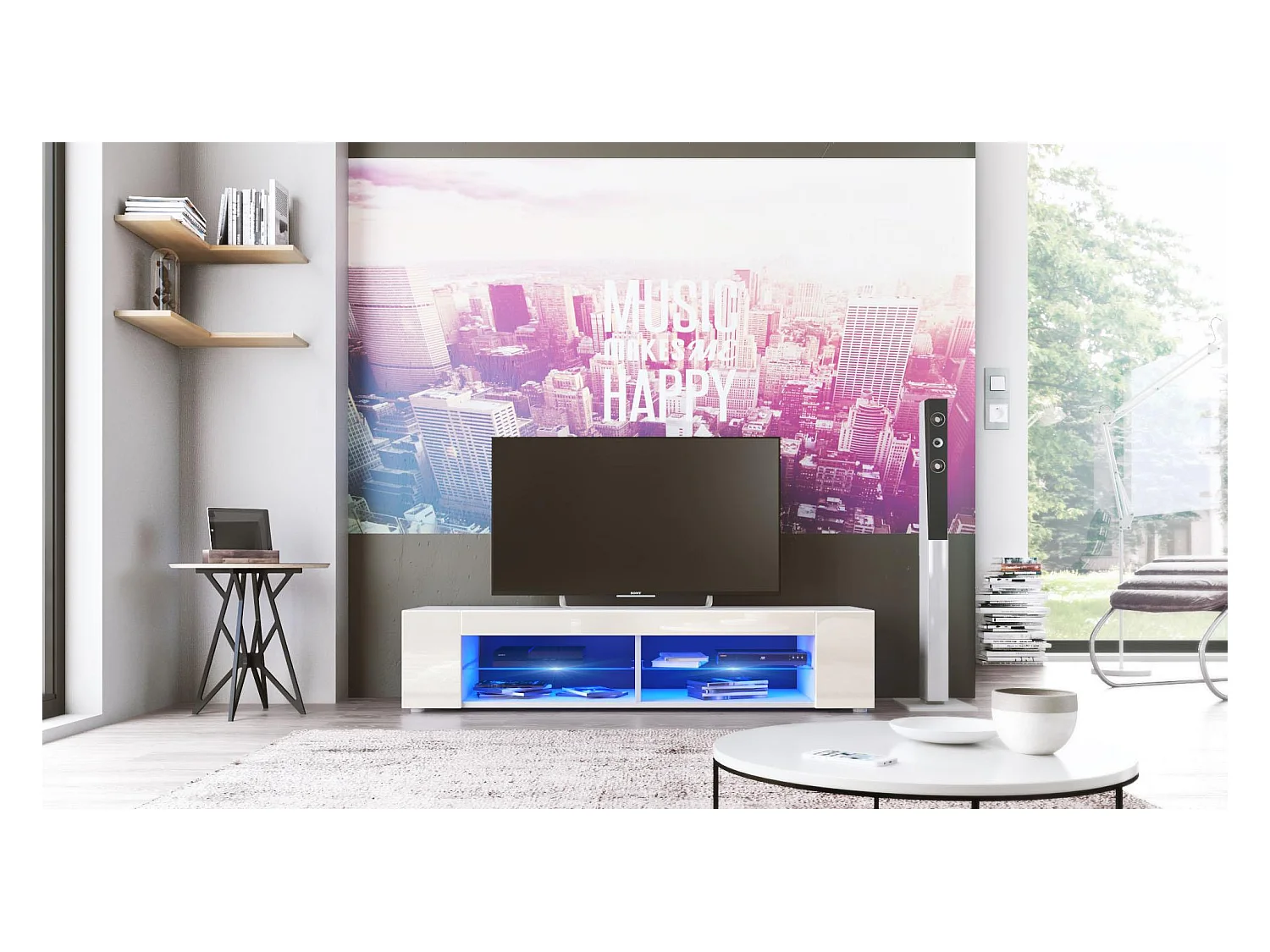 Buffet bas Movie, Meuble TV avec 4 compartiments ouverts et placages décoratifs, Blanc mat/Crème brillant, éclairage LED bleu inclus (134 x 29 x 39 cm)