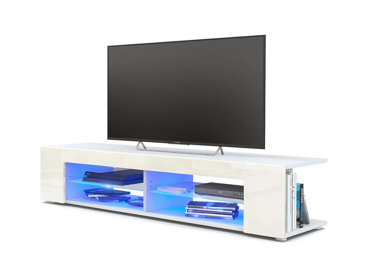Buffet bas Movie, Meuble TV avec 4 compartiments ouverts et placages décoratifs, Blanc mat/Crème brillant, éclairage LED bleu inclus (134 x 29 x 39 cm)