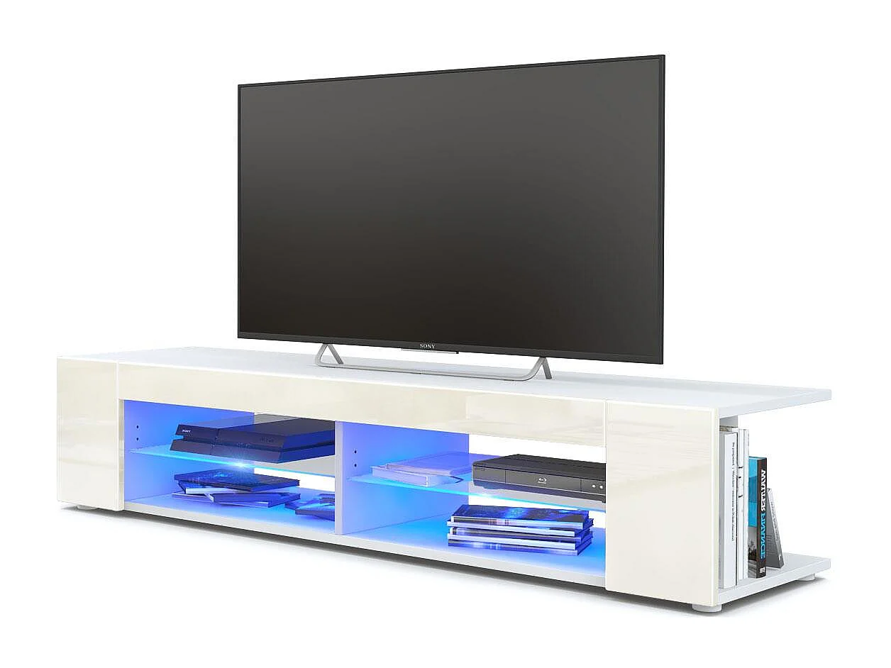 Buffet bas Movie, Meuble TV avec 4 compartiments ouverts et placages décoratifs, Blanc mat/Crème brillant, éclairage LED bleu inclus (134 x 29 x 39 cm)