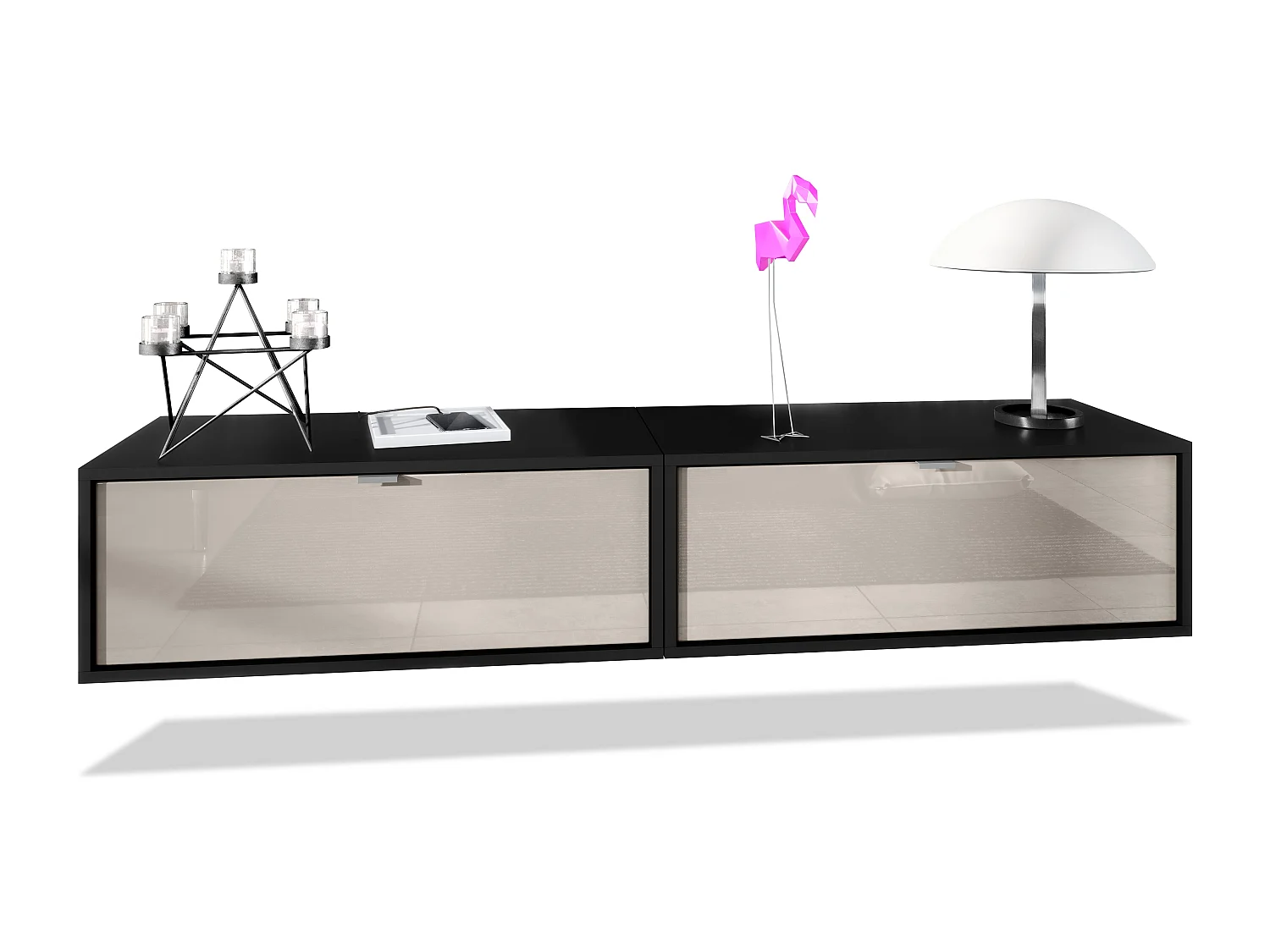 Ensemble de 2 set meuble TV Lana 80, lowboards de 80 x 29 x 37 cm chacun avec beaucoup d'espace de rangement, caisson en Noir mat, façades en Gris sable brillant