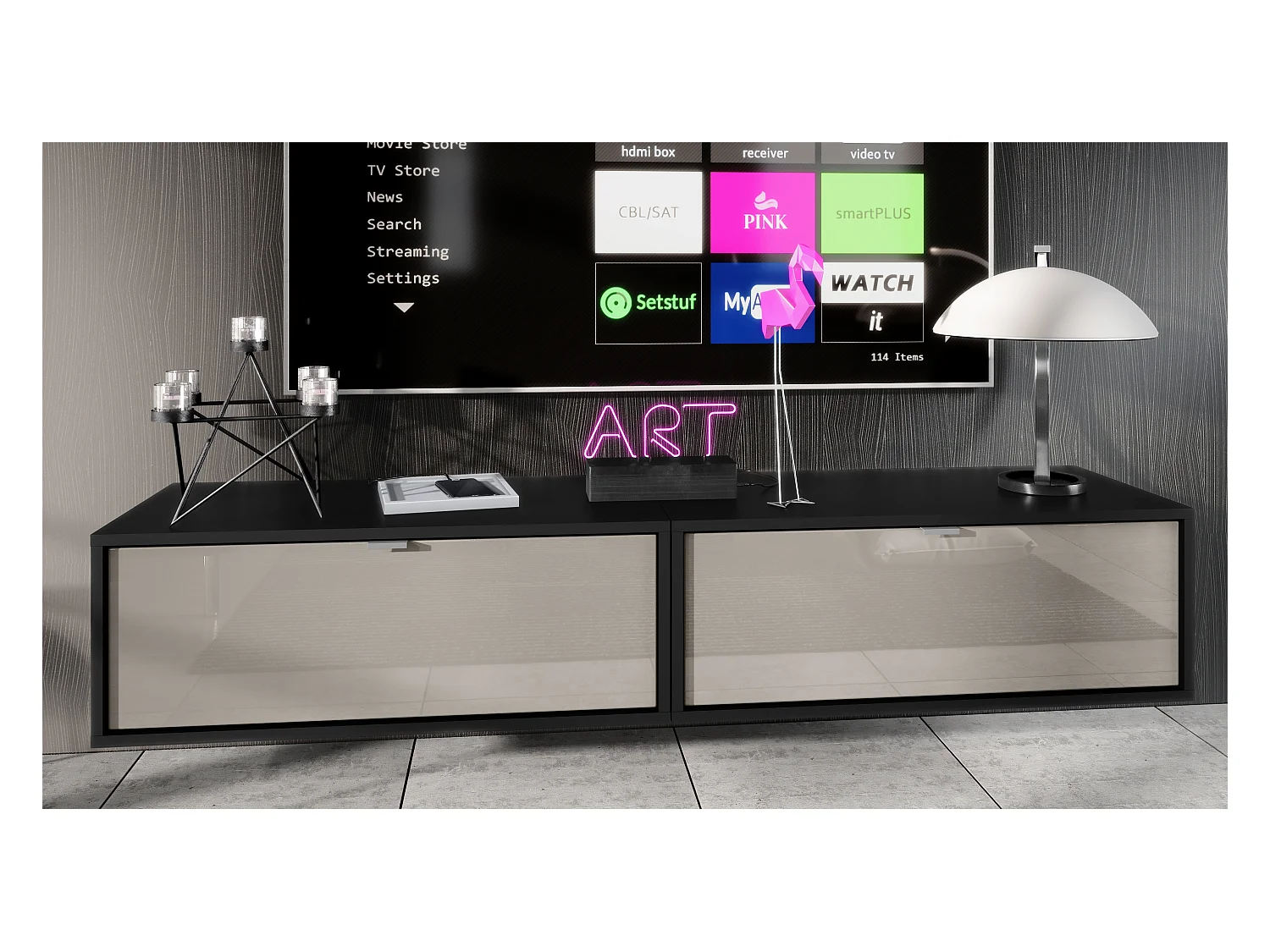 Ensemble de 2 set meuble TV Lana 80, lowboards de 80 x 29 x 37 cm chacun avec beaucoup d'espace de rangement, caisson en Noir mat, façades en Gris sable brillant