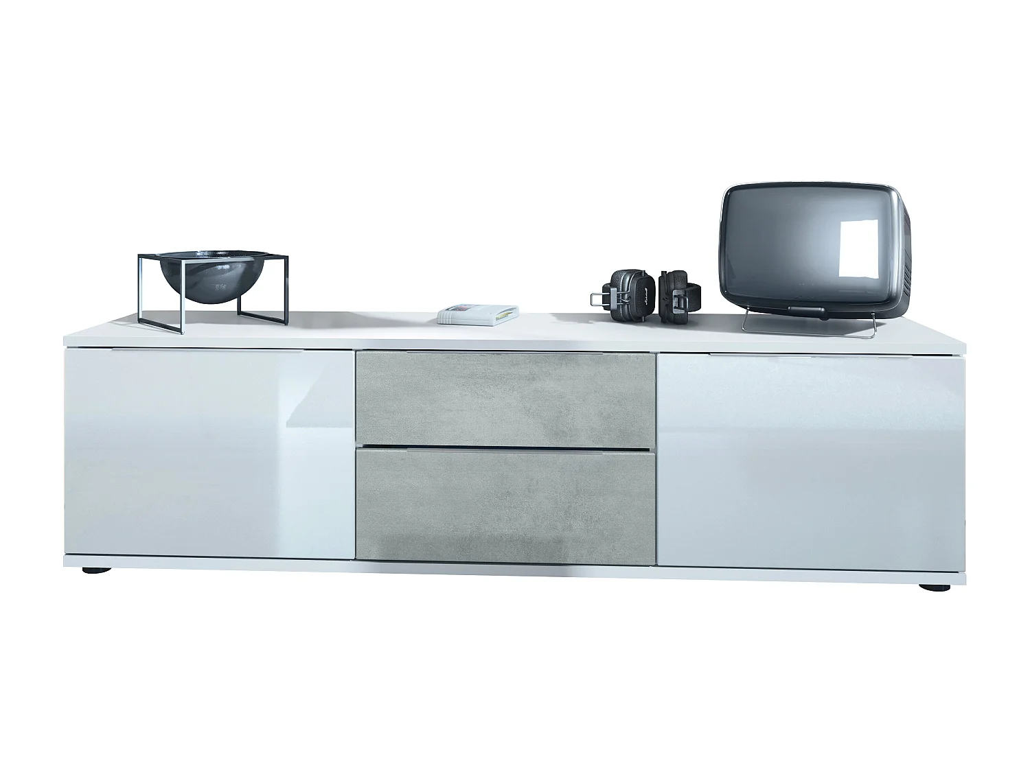 Buffet TV Linio V1, Table de télévision avec 2 portes et 2 tiroirs - Blanc / aspect béton oxyde (138,5 x 37,5 x 35 cm)