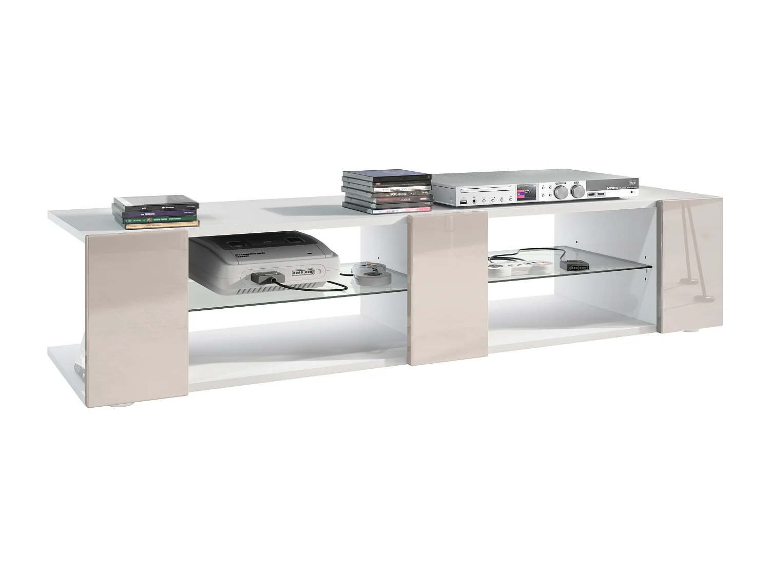 Buffet bas Movie V2, Meuble TV avec 6 compartiments ouverts et placages décoratifs, Blanc mat/Gris sable haute brillance (134 x 29 x 39 cm)
