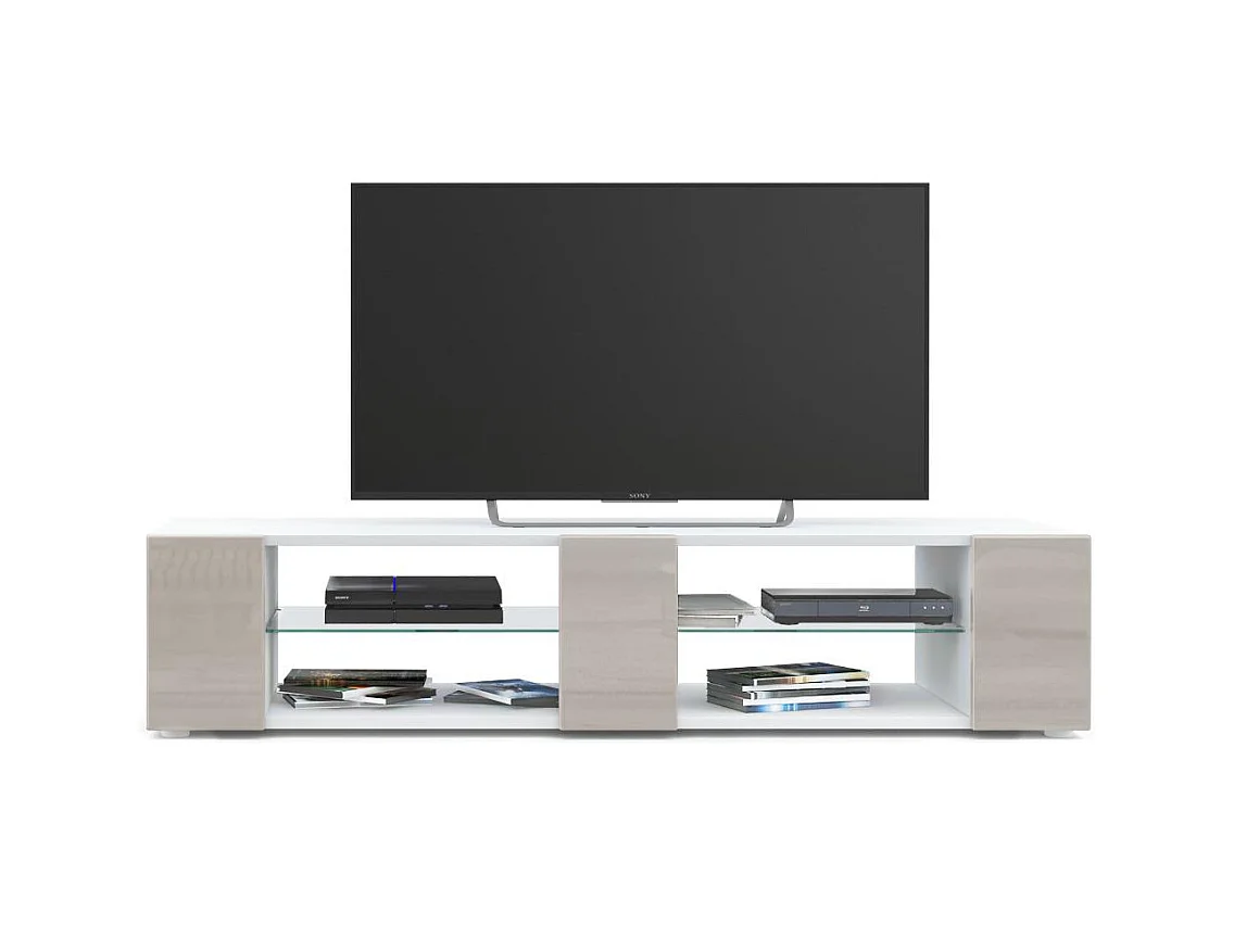 Buffet bas Movie V2, Meuble TV avec 6 compartiments ouverts et placages décoratifs, Blanc mat/Gris sable haute brillance (134 x 29 x 39 cm)