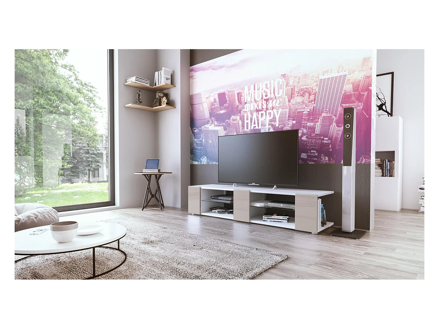 Buffet bas Movie V2, Meuble TV avec 6 compartiments ouverts et placages décoratifs, Blanc mat/Gris sable haute brillance (134 x 29 x 39 cm)