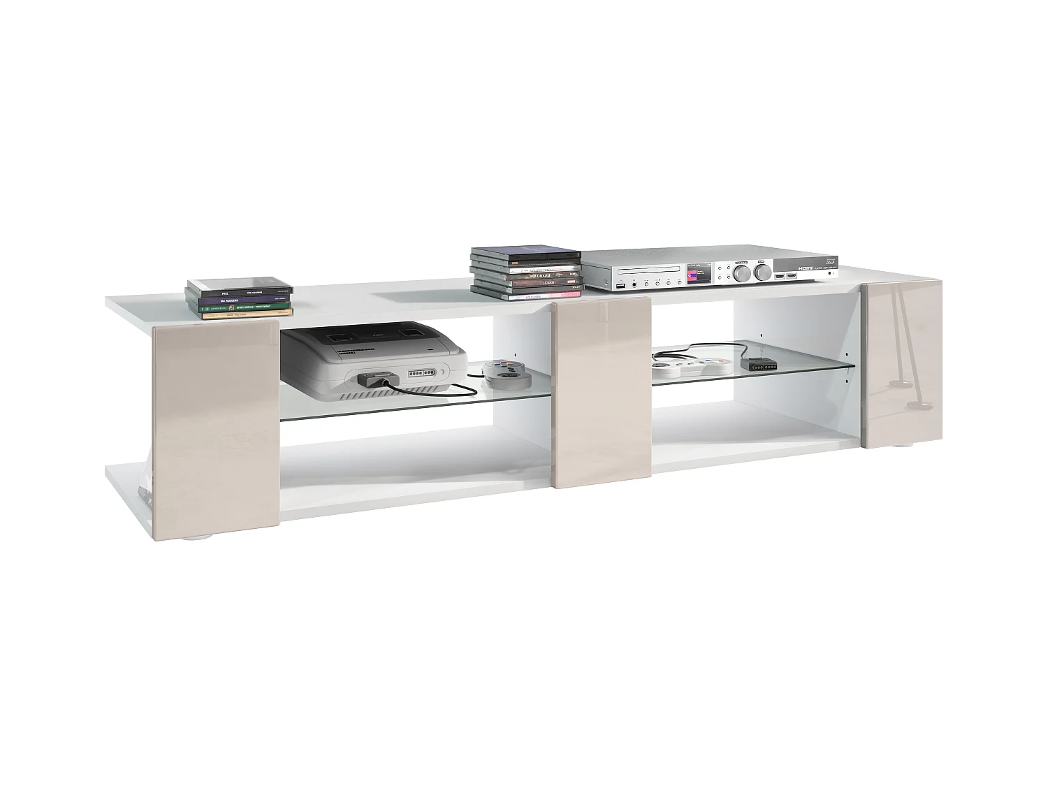 Buffet bas Movie V2, Meuble TV avec 6 compartiments ouverts et placages décoratifs, Blanc mat/Gris sable haute brillance (134 x 29 x 39 cm)
