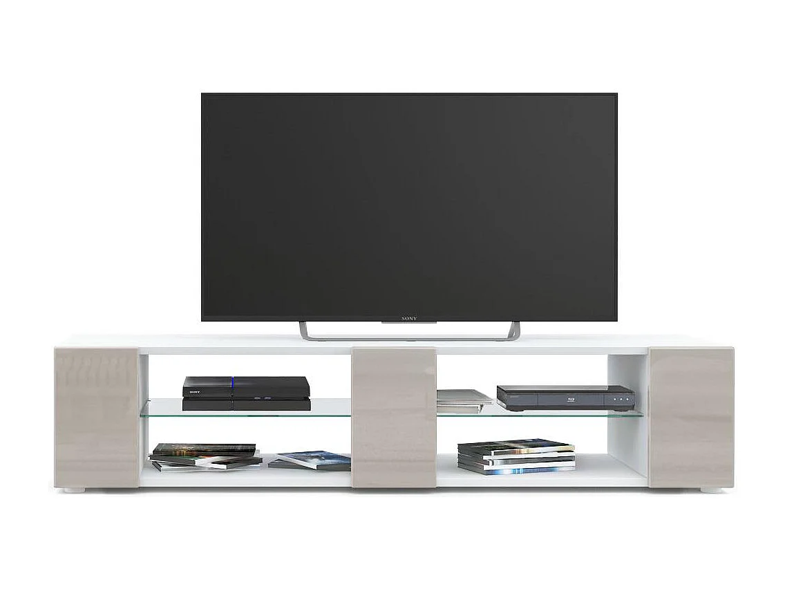 Buffet bas Movie V2, Meuble TV avec 6 compartiments ouverts et placages décoratifs, Blanc mat/Gris sable haute brillance (134 x 29 x 39 cm)