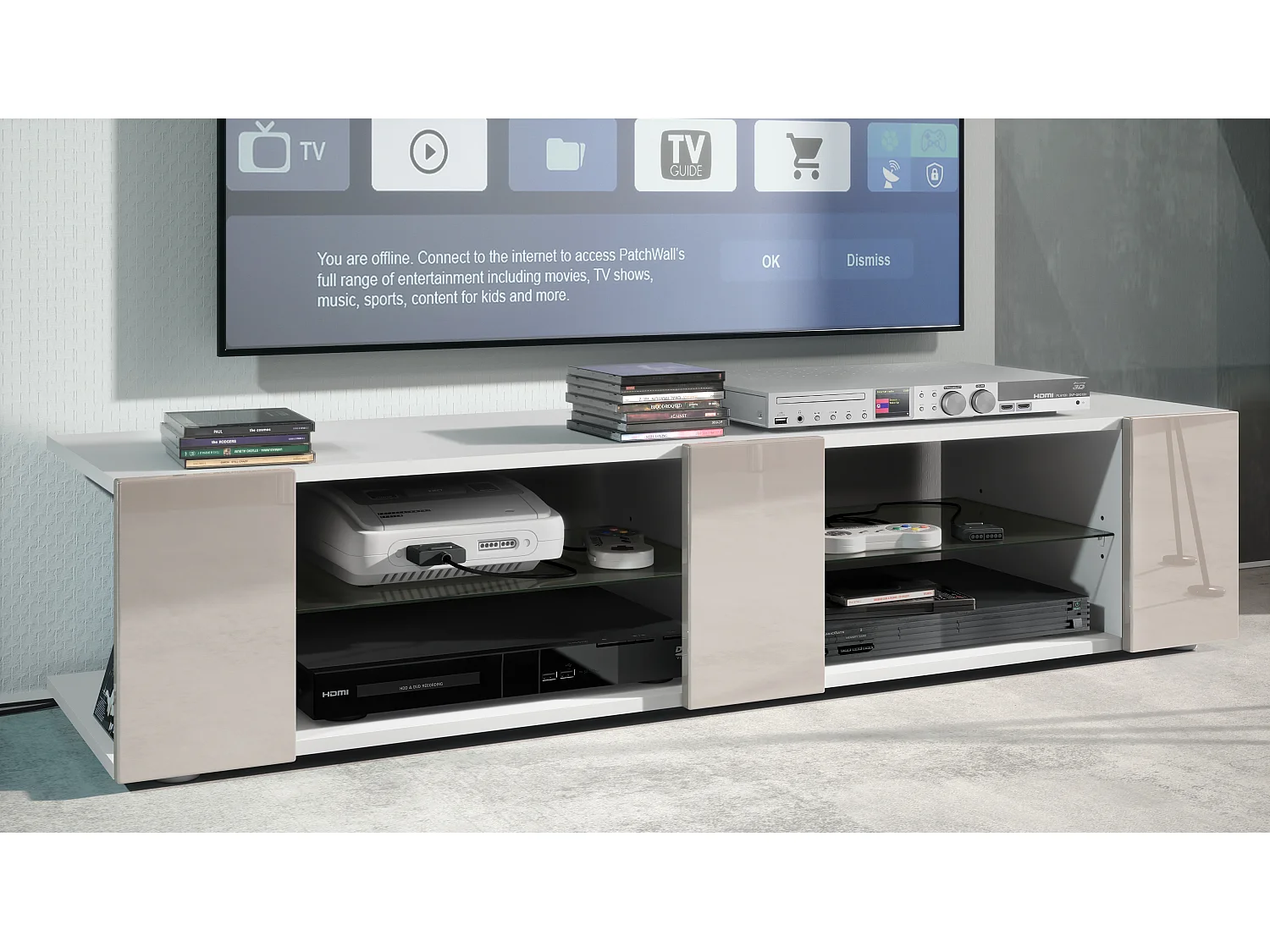 Buffet bas Movie V2, Meuble TV avec 6 compartiments ouverts et placages décoratifs, Blanc mat/Gris sable haute brillance (134 x 29 x 39 cm)