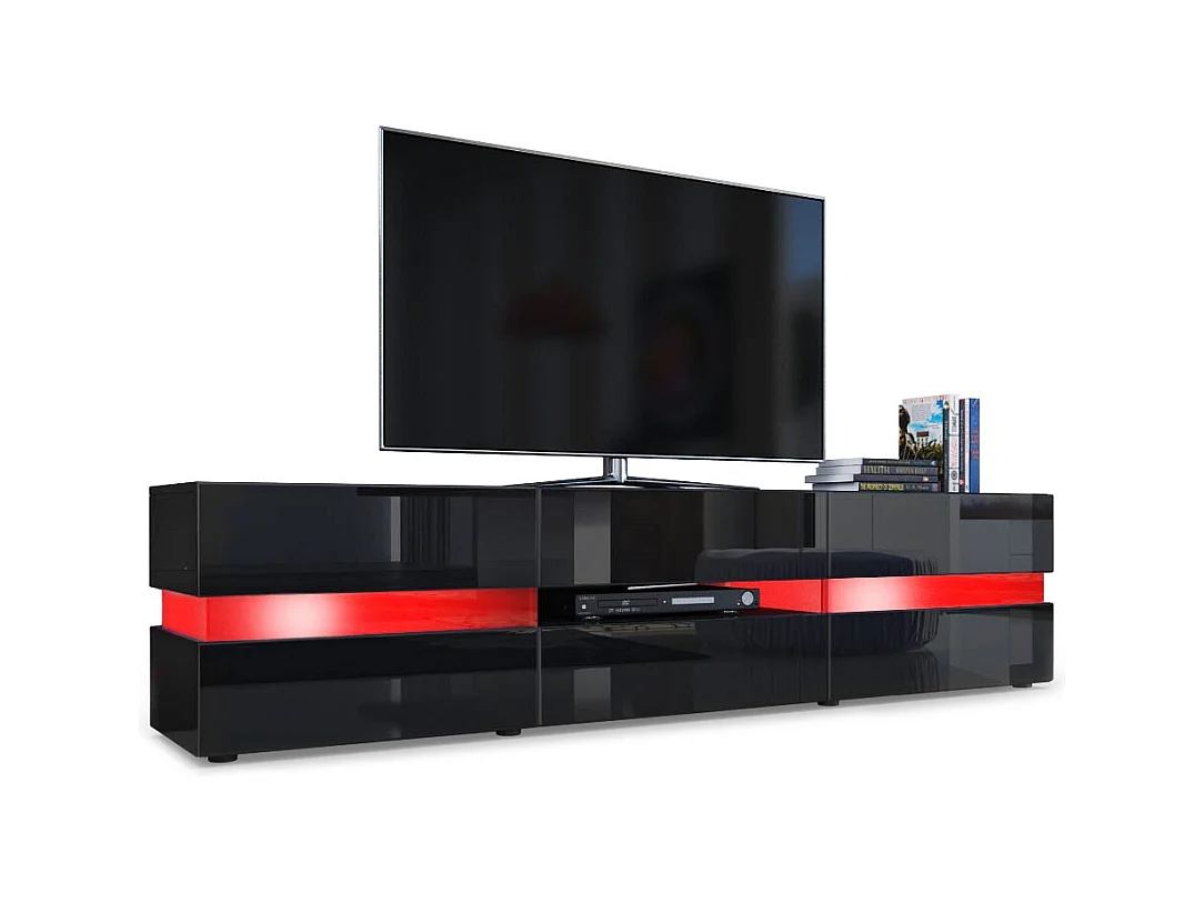 Buffet bas Flow, Meuble TV avec vitre d’ambiance rétroéclairée, 2 portes, 1 tiroir et 1 clapet, Noir mat/Noir brillant, LED incluse (177 x 45 x 39 cm)