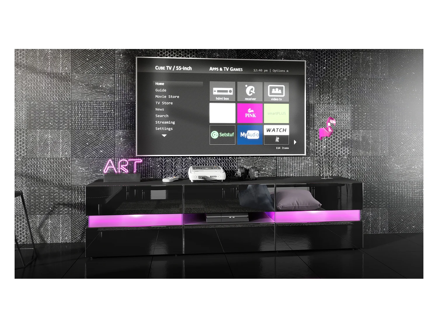 Buffet bas Flow, Meuble TV avec vitre d’ambiance rétroéclairée, 2 portes, 1 tiroir et 1 clapet, Noir mat/Noir brillant, LED incluse (177 x 45 x 39 cm)