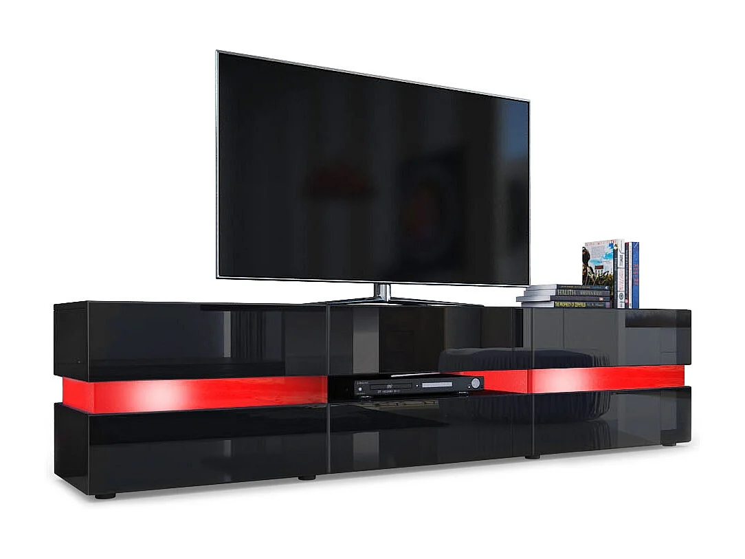 Buffet bas Flow, Meuble TV avec vitre d’ambiance rétroéclairée, 2 portes, 1 tiroir et 1 clapet, Noir mat/Noir brillant, LED incluse (177 x 45 x 39 cm)