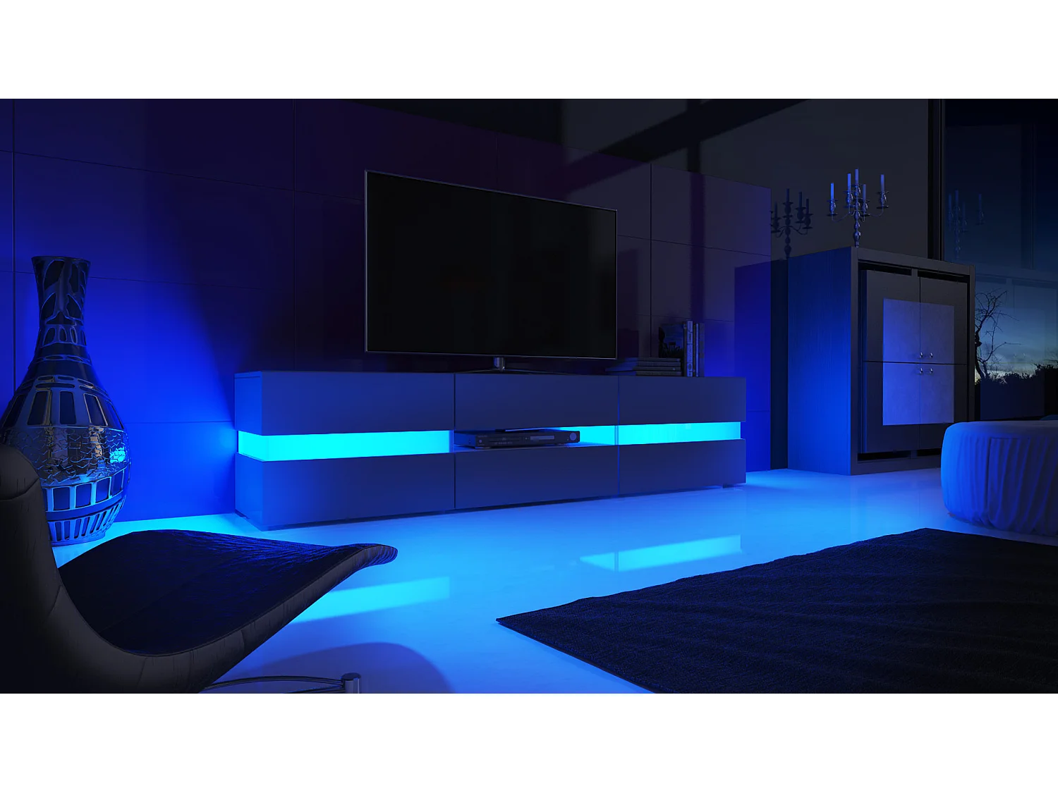 Buffet bas Flow, Meuble TV avec vitre d’ambiance rétroéclairée, 2 portes, 1 tiroir et 1 clapet, Noir mat/Noir brillant, LED incluse (177 x 45 x 39 cm)