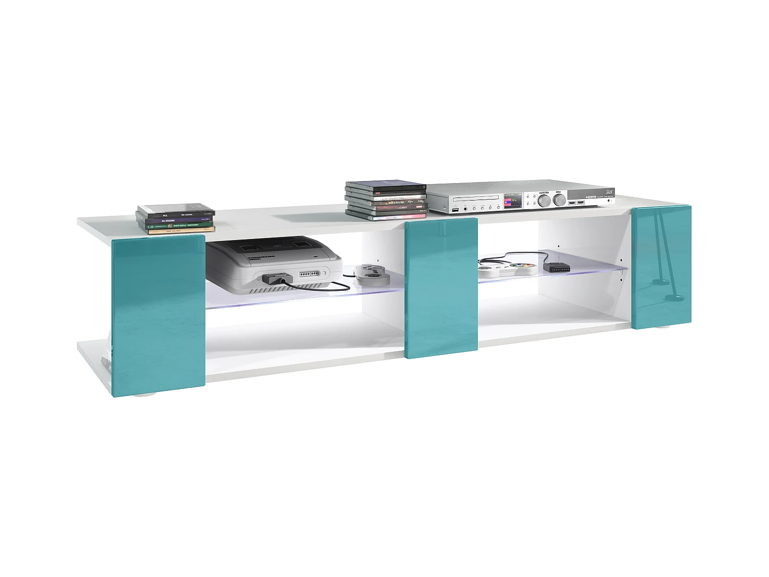 Buffet bas Movie V2, Meuble TV avec 6 compartiments ouverts et placages décoratifs, Blanc mat/Turquoise brillant, éclairage LED blanc inclus (134x29x39 cm)