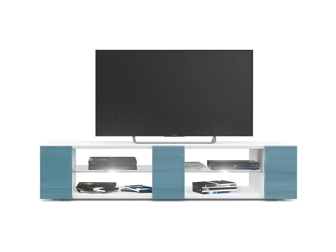 Buffet bas Movie V2, Meuble TV avec 6 compartiments ouverts et placages décoratifs, Blanc mat/Turquoise brillant, éclairage LED blanc inclus (134x29x39 cm)