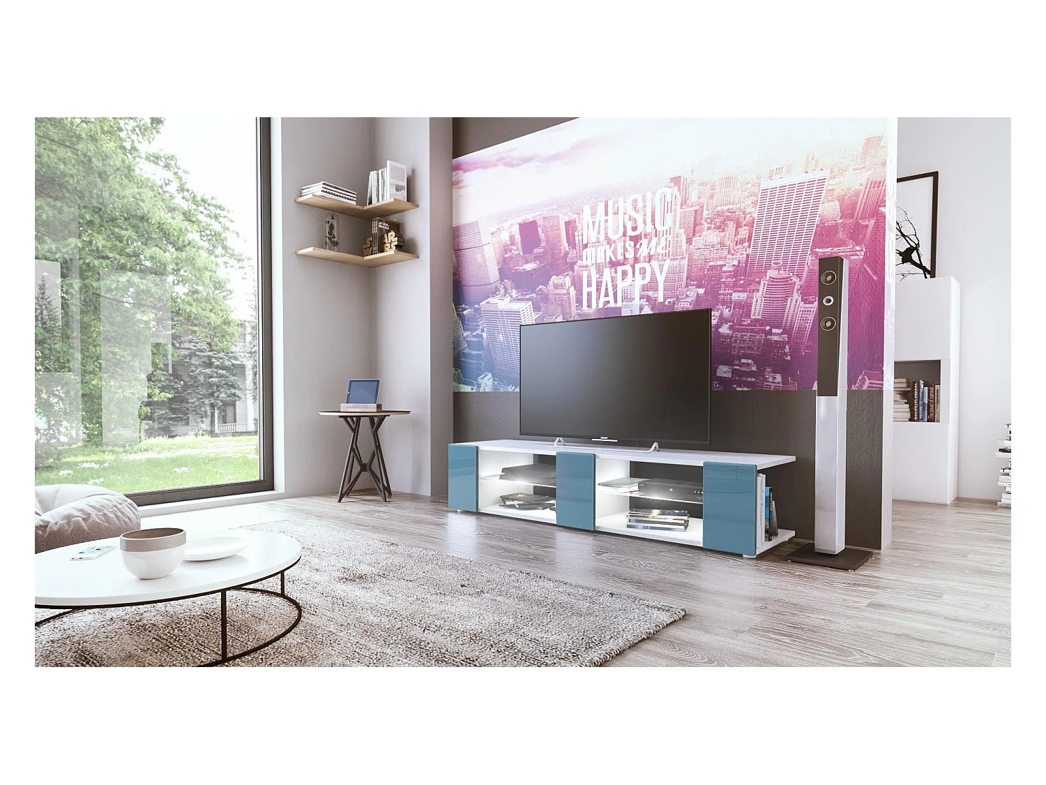 Buffet bas Movie V2, Meuble TV avec 6 compartiments ouverts et placages décoratifs, Blanc mat/Turquoise brillant, éclairage LED blanc inclus (134x29x39 cm)
