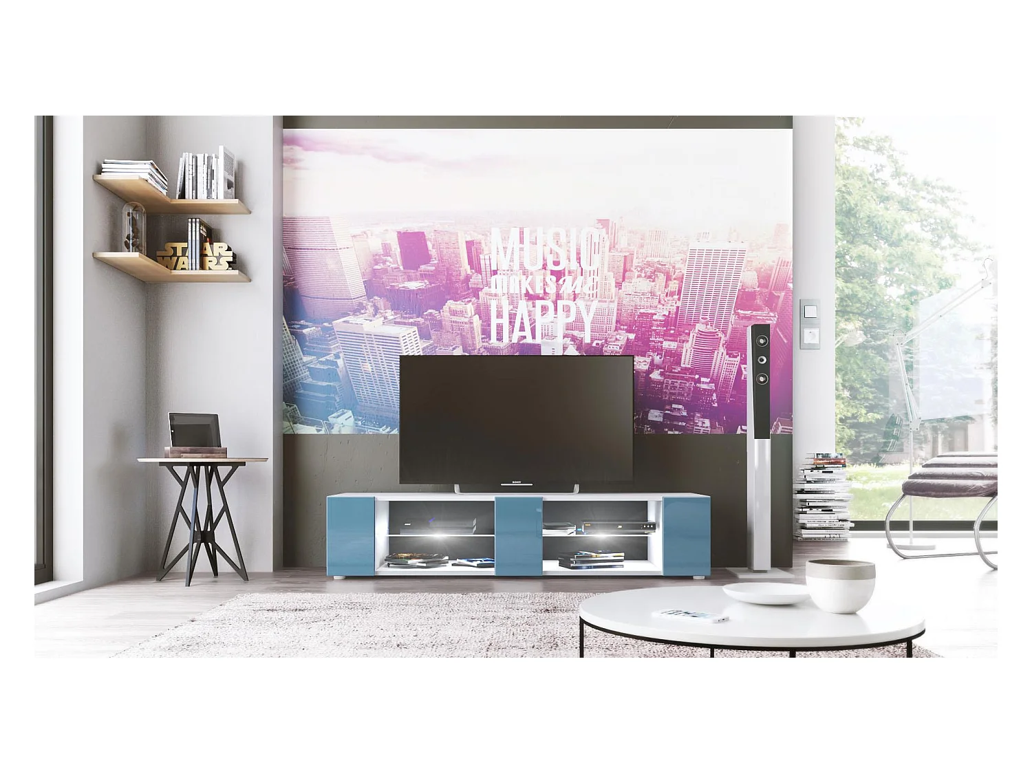 Buffet bas Movie V2, Meuble TV avec 6 compartiments ouverts et placages décoratifs, Blanc mat/Turquoise brillant, éclairage LED blanc inclus (134x29x39 cm)