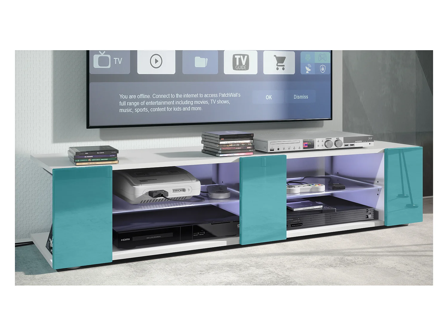 Buffet bas Movie V2, Meuble TV avec 6 compartiments ouverts et placages décoratifs, Blanc mat/Turquoise brillant, éclairage LED blanc inclus (134x29x39 cm)