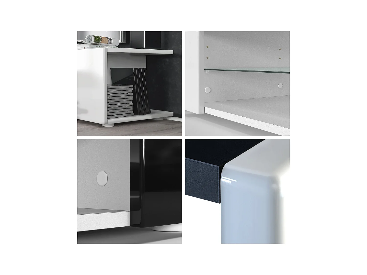 Buffet bas Movie V2, Meuble TV avec 6 compartiments ouverts et placages décoratifs, Blanc mat/Turquoise brillant, éclairage LED blanc inclus (134x29x39 cm)