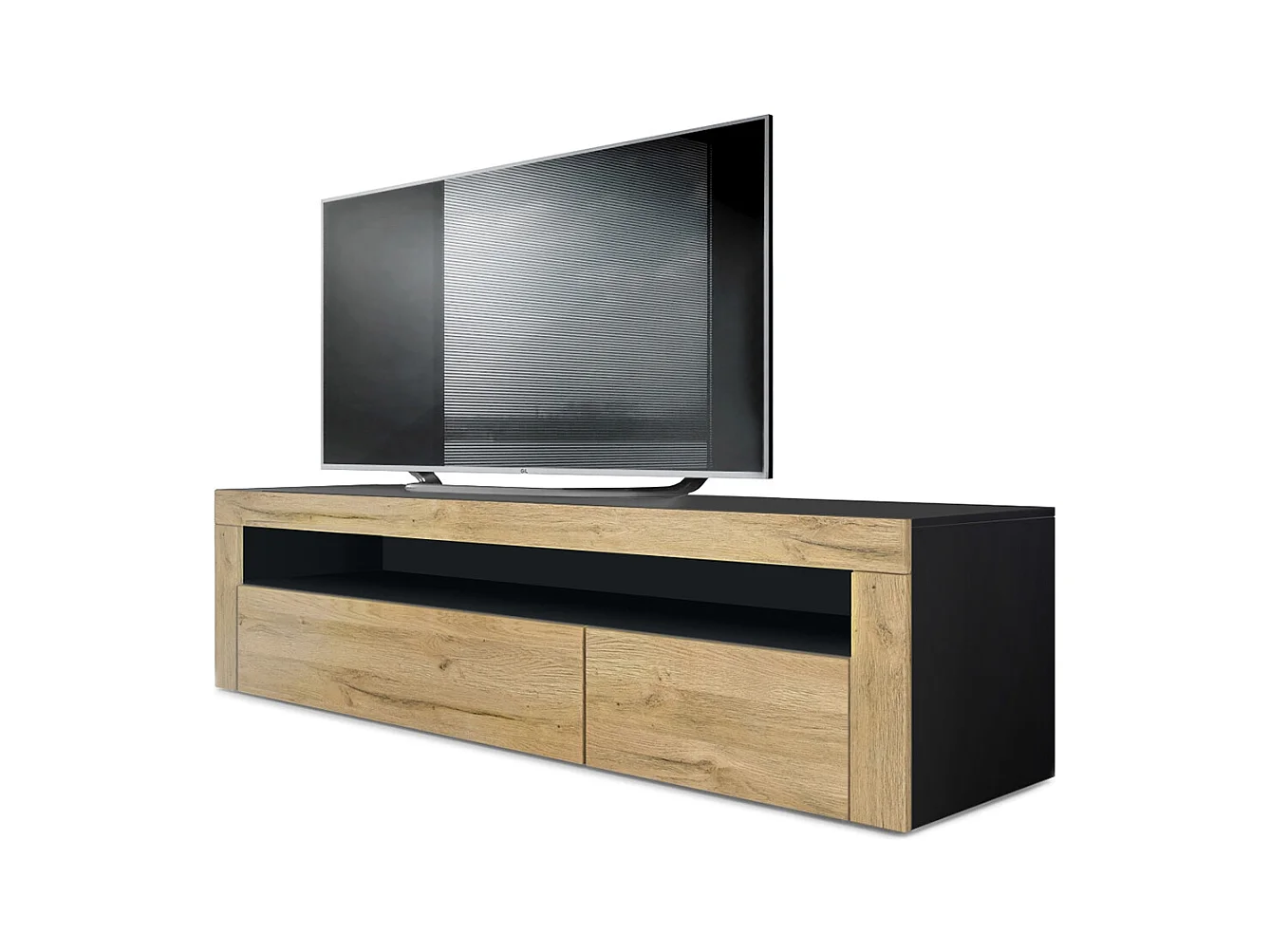 Buffet bas Valencia, Meuble TV avec 1 compartiment ouvert et 2 clapets, Noir mat/chêne nature/chêne nature (155 x 46 x 40 cm)
