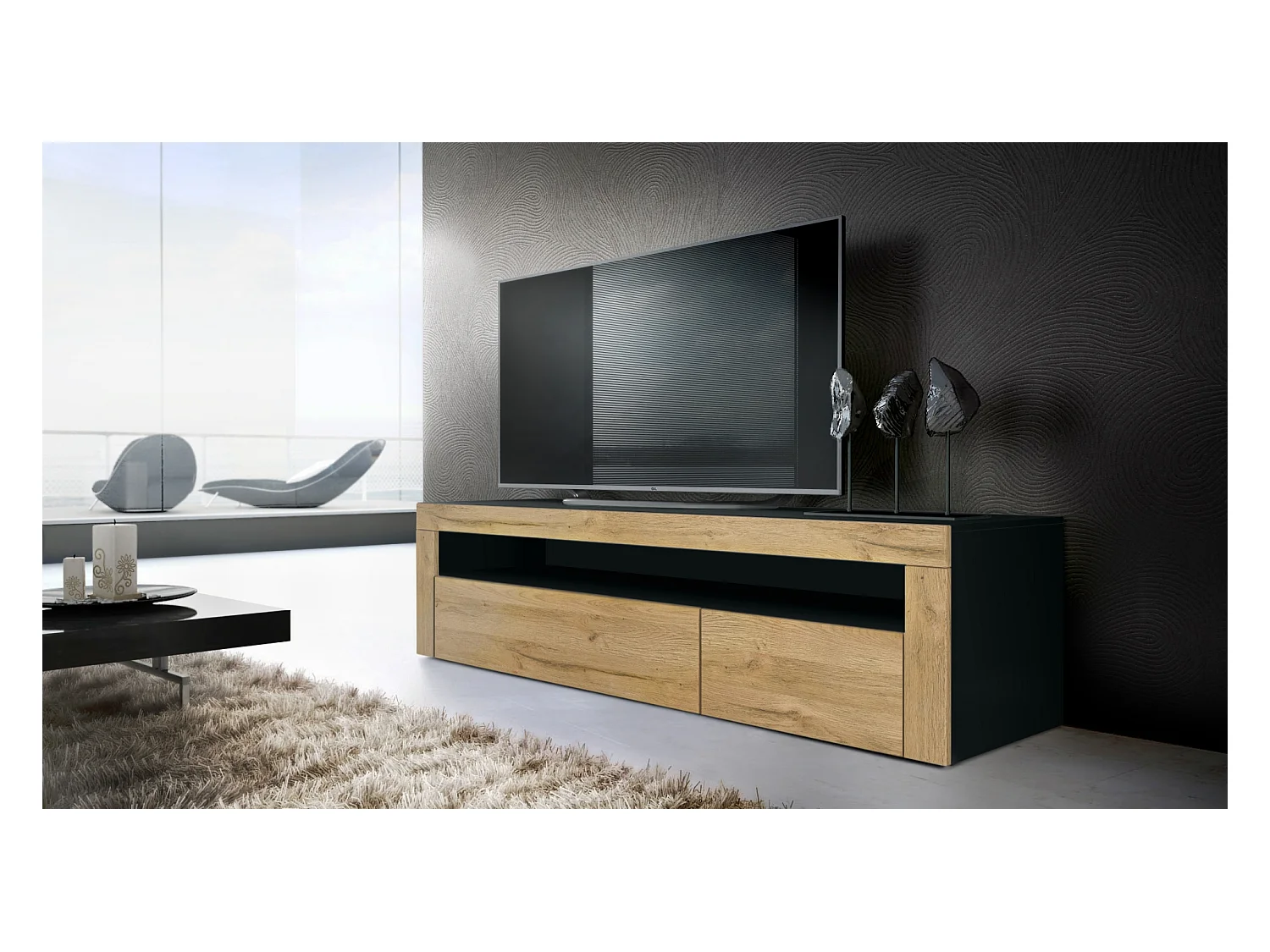 Buffet bas Valencia, Meuble TV avec 1 compartiment ouvert et 2 clapets, Noir mat/chêne nature/chêne nature (155 x 46 x 40 cm)