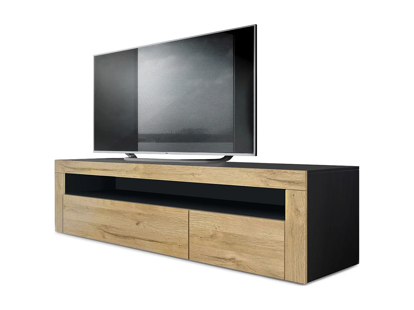 Buffet bas Valencia, Meuble TV avec 1 compartiment ouvert et 2 clapets, Noir mat/chêne nature/chêne nature (155 x 46 x 40 cm)