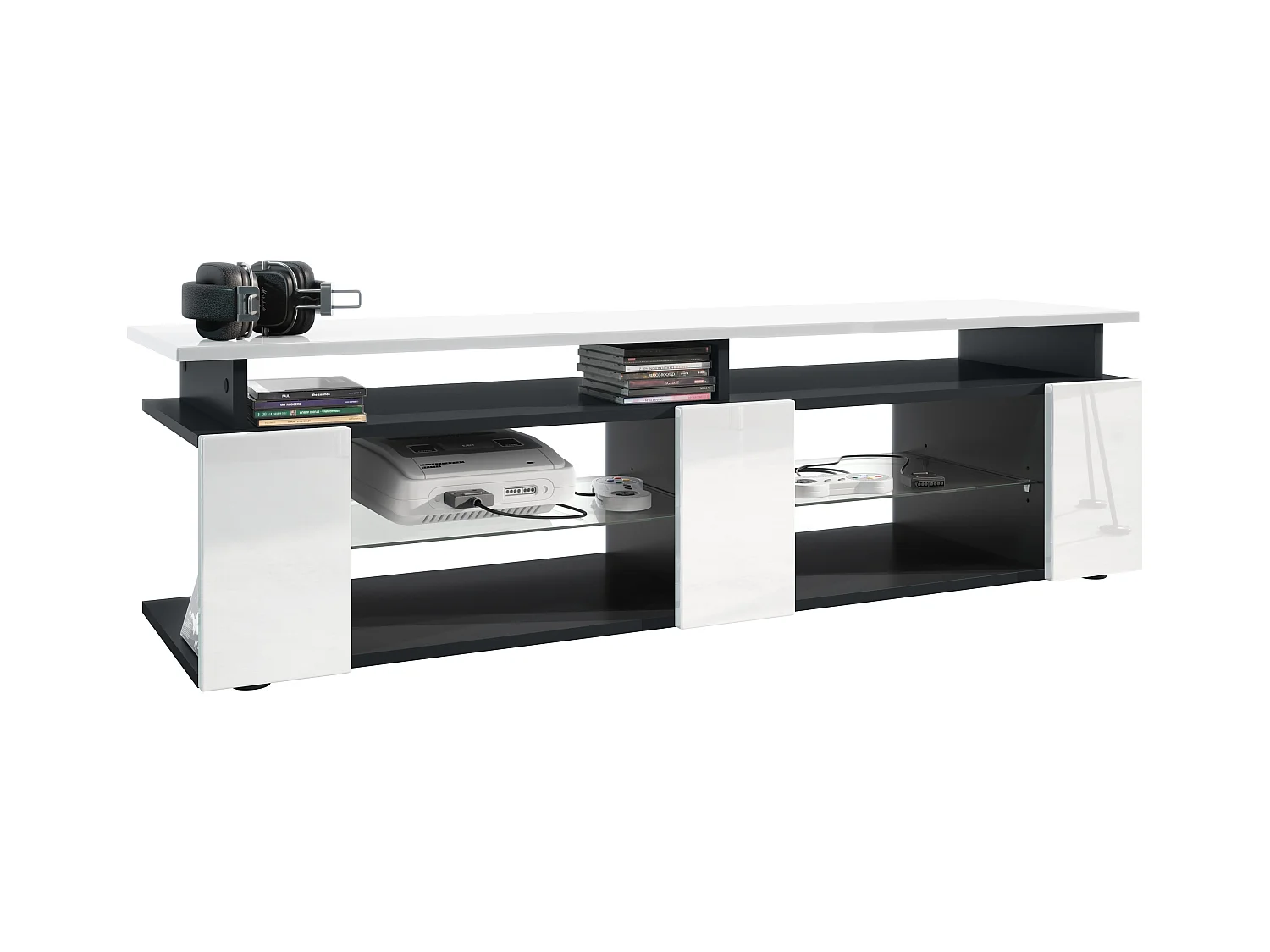 TV Board Movie V2 Game On Lowboard 138,5 x 39 x 39 cm , caisson en noir mat, façades en blanc haute brillance