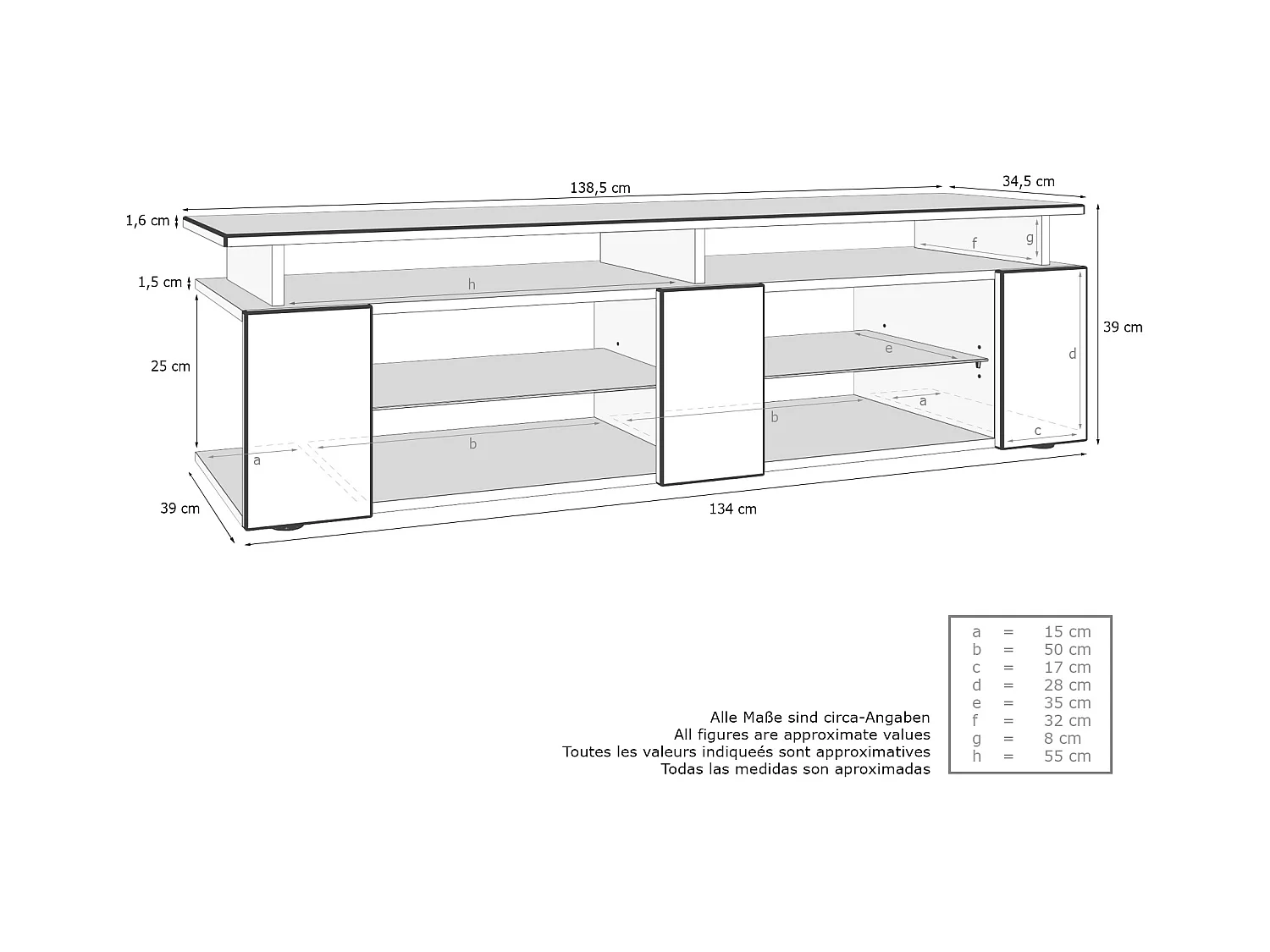 TV Board Movie V2 Game On Lowboard 138,5 x 39 x 39 cm , caisson en noir mat, façades en blanc haute brillance